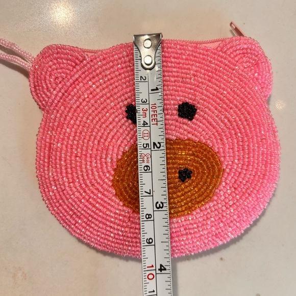 Pink Beaded Pig Face Bag Charm Coin Purse with Zipper - Picture 6 of 7
